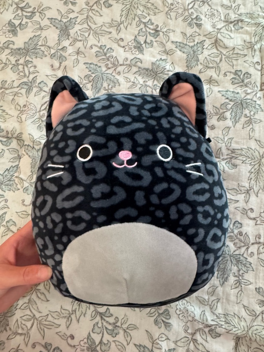 Squishmallows Black Leopard Print Cat Plush with Pink Nose and Cream Belly